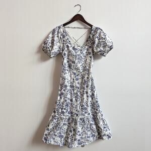 Just Found Dress Womens Large Blue Toile Vintage Floral Midi Linen Blend